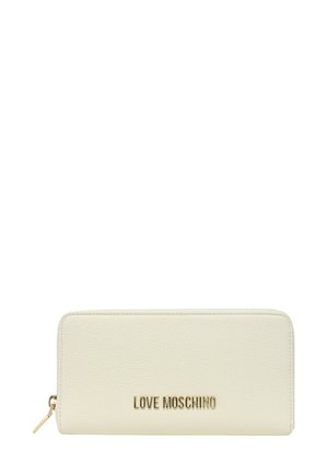 Portafoglio in pelle color crema con superficie texturizzata, logo dorato "LOVE MOSCHINO", chiusura a zip e forma rettangolare.