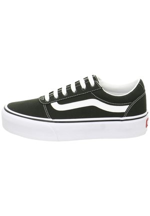 Zapatillas de lona negras con una franja lateral blanca, punta redondeada, cordones blancos, suela de goma blanca gruesa y detalles de costura en contraste.