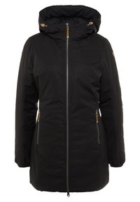 Černá bunda s kapucí a plným předním zipem, dvě boční kapsy na zip a hnědé akcenty. Vyrobena z hladké, povětrnostně odolné tkaniny.