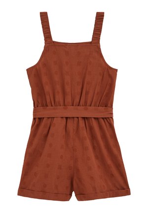 Roostevärvi varrukateta romper, millel on laiad õlapaelad, tekstureeritud täpikeste ja ruutude mustriga, vöödiga talje ja mansetiga lühikesed püksid.