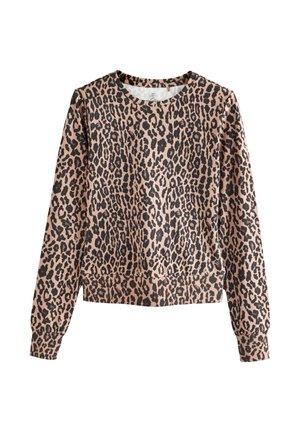 Langärmeliges Sweatshirt mit Rundhalsausschnitt und braun-schwarzem Leopardenmuster, mit gerippten Bündchen und Saum, flach auf weißem Hintergrund liegend.