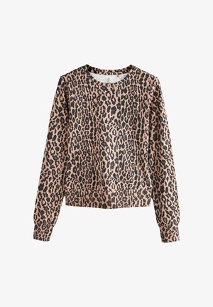 Long-sleeve crew neck sweatshirt with brown and black leopard print pattern, ribbed cuffs and hem, laid flat on white background.
