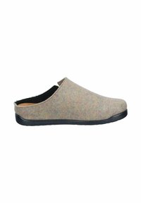 Wool felt clogs in multicolored pastel with a rounded toe, open back, and black rubber sole for grip and stability.