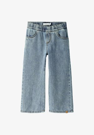 Svetlomodré detské džínsy so širokými nohavicami, elastickým pásom a prednými vreckami, vyrobené z denimu.