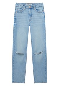 Vaqueros de mezclilla azul claros con un diseño de pierna recta, que cuentan con dos desgarros en las rodillas y un clásico estilo de cinco bolsillos. Acentos en botón de cobre y costuras.