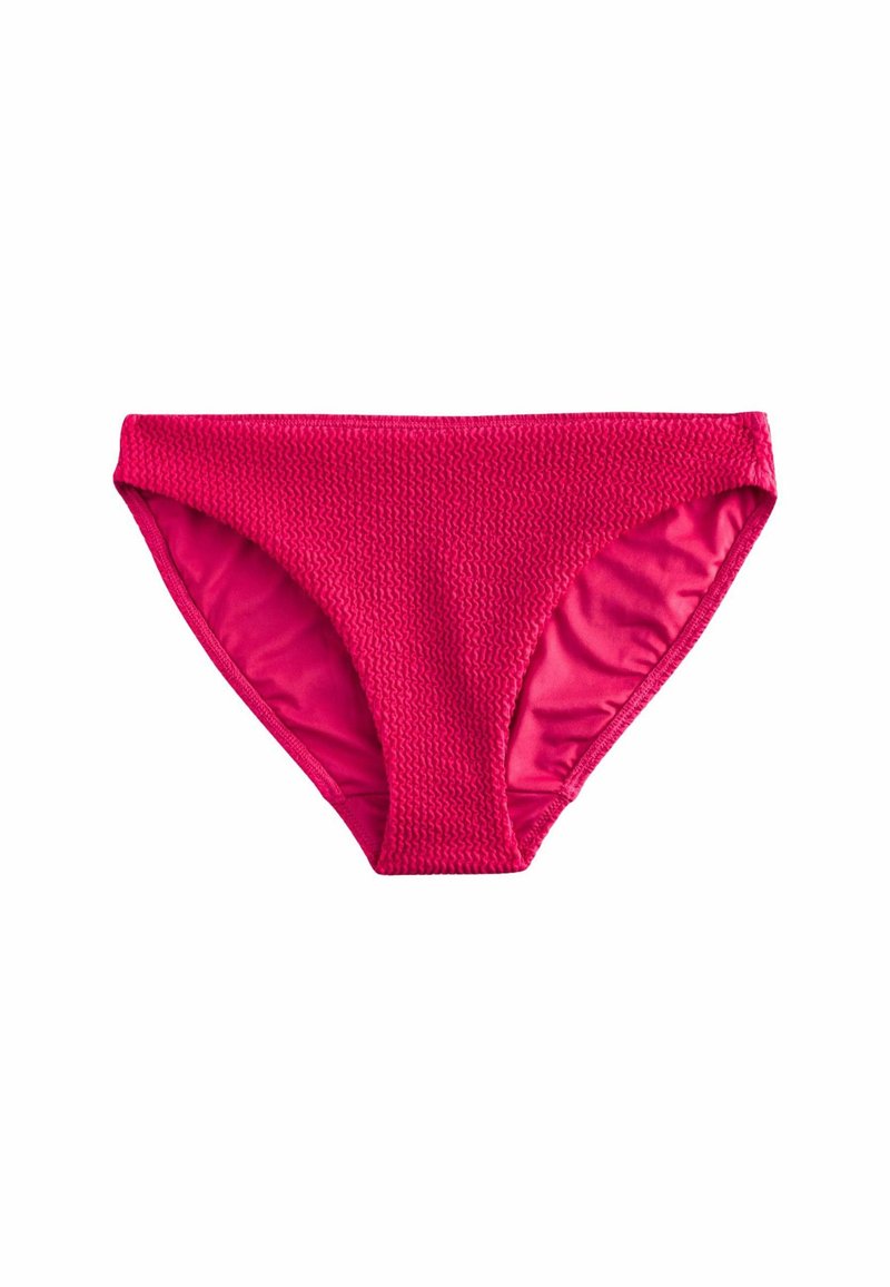 Różowe bikini o dolnej części wykonanej z teksturowanej tkaniny i gładkiej podszewki. Charakteryzuje się niskim stanem i średnim pokryciem.