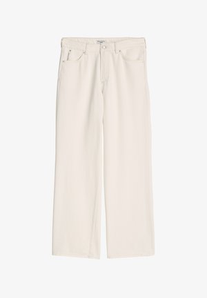 Cremefarbene Jeans mit weitem Bein, vordere Taschen, Knopfverschluss und Gürtelschlaufen, flach liegend präsentiert.