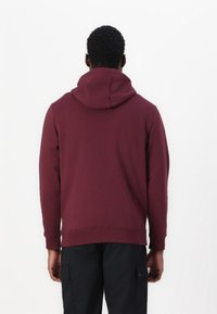 Felpa con cappuccio color marrone scuro con coulisse, maniche lunghe, polsini e orlo a coste. La parte posteriore presenta una texture liscia senza loghi o motivi.