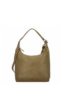 Borsa a spalla in pelle color cuoio con texture liscia, forma tondeggiante e manico corto. Presenta un charm decorativo a forma di ancora sul cinturino.