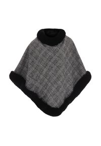 Poncho a quadri in nero e grigio, con un morbido bordo in pelliccia nera e un colletto alto. Realizzato in un tessuto caldo e texturizzato con una vestibilità ampia.