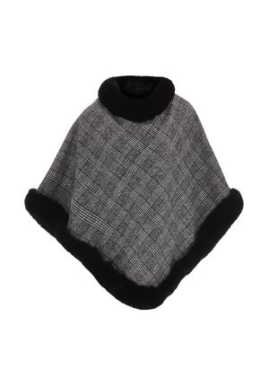 Poncho en tartan noir et gris, doté d'une douce bordure en fausse fourrure noire et d'un col haut. Fabriqué à partir d'un tissu texturé chaud avec une coupe ample.