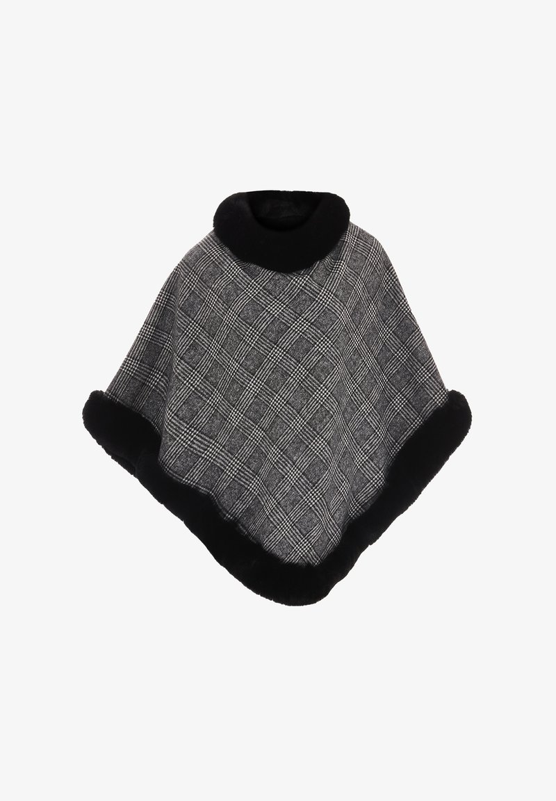 Fekete és szürke kockás poncsó, puha fekete szőrme szegéllyel és magas gallérral. Meleg, textúrált anyagból készült, laza szabással.