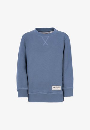 Blå sweatshirts lavet af blødt bomuld; har en rund hals, ribbede manchetter og kant, med en syet X-detalje på fronten og et mærkelabel.