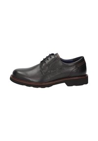 Scarpa in pelle nera con lacci, punta arrotondata, dettagli di cucitura sottili, accenti marroni sul tallone e suola in gomma testurizzata.
