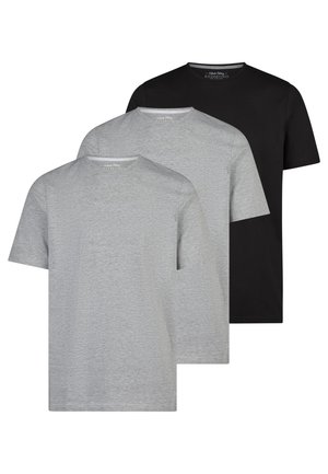 Drei schlichte T-Shirts mit Rundhalsausschnitt, zwei hellgraue vorne und eines schwarze hinten, auf einem weißen Hintergrund überlappend angeordnet.