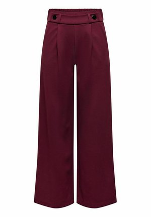 Burgundy wide-leg trousers with a smooth fabric, featuring a high waist, two front pleats, and large black buttons at the waistband.