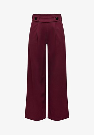Burgundy wide-leg trousers with a smooth fabric, featuring a high waist, two front pleats, and large black buttons at the waistband.