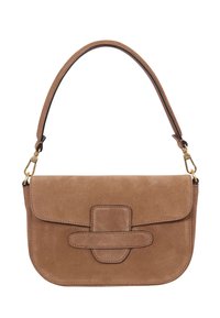 Brown suede handbag with a curved shape, decorative flap closure, and a single shoulder strap featuring gold hardware accents.