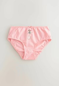 Rosa Baumwollslips mit gesticktem Design eines Mädchens in Streifen, das einen Luftballon hält, mit Spitzenbesatz und einem Schleifendetail am Bund.