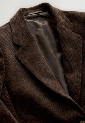 Brown corduroy blazer with a smooth gray satin lining, featuring notched lapels and a textured exterior.