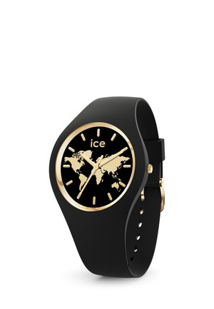 Orologio da polso nero con mappa del mondo dorata sul quadrante, indici delle ore dorati e lancette, e cinturino in silicone nero regolabile con fibbia dorata.