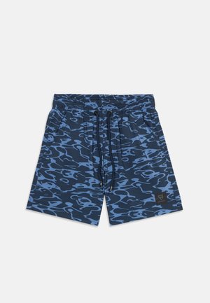 Short de bain homme à motif bleu et noir avec ceinture élastique, cordon noir, poches latérales et petit patch logo sur la jambe gauche.