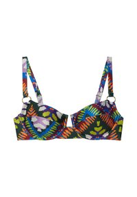 Pestrobarevný bikiny top s ribbovanou strukturou. Obsahuje živé vzory v modré, oranžové, zelené a fialové barvě, s nastavitelnémi ramínky a kovovými detaily.
