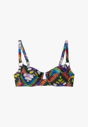 Multicolored bikini top with a ribbed texture. Features vibrant patterns in blue, orange, green, and purple, with adjustable straps and metallic accents.