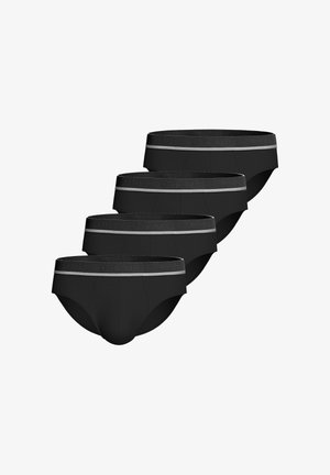 Four black men's briefs with wide elastic waistbands featuring a thin horizontal gray stripe, arranged in a staggered stack.