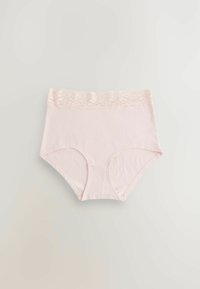 Svijetlopinkasti pamučni donji veš visokog struka s čipkastim obodom na struku i glatkom teksturom. Nema vidljivih uzoraka ili detalja.