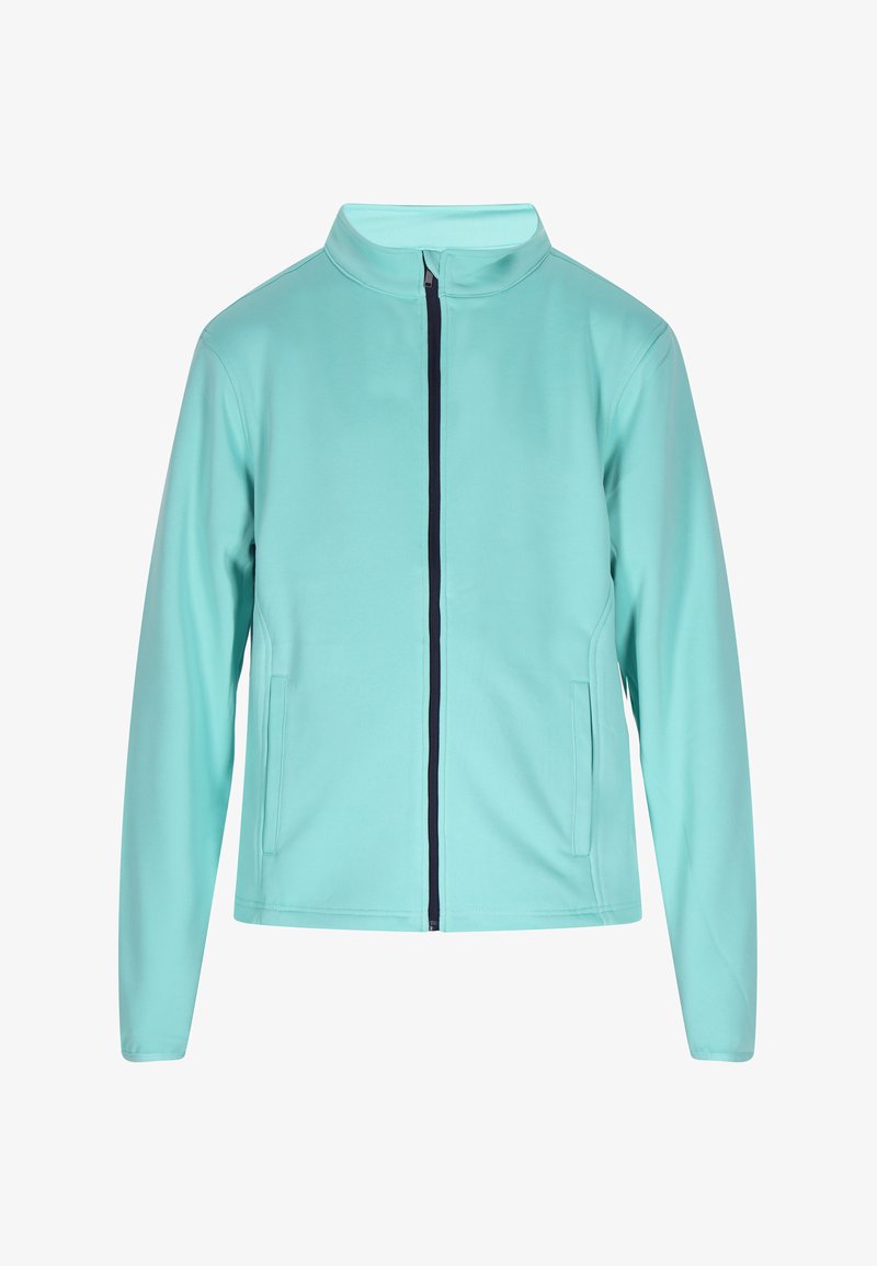 Világoskék, cipzáros dzseki álló gallérral, hosszú ujjal és két oldalzsebbel. Simább, rugalmas anyagból készült, egyszínű kivitelben.