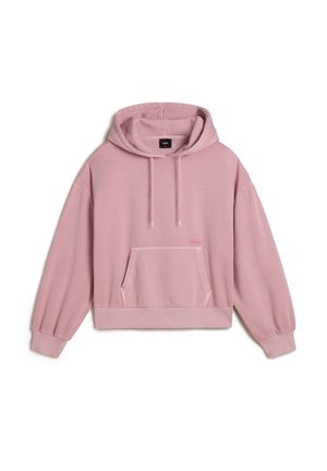 Light pink cropped hoodie made of soft fabric, featuring a front pocket, drawstring hood, and ribbed cuffs. Subtle brand logo in pink.