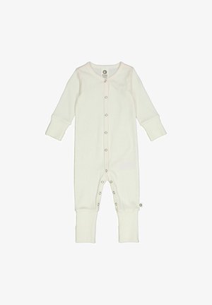 Valkoinen puuvillapuku pitkillä hihoilla, pyöreällä kaula-aukolla ja nepparikiinnityksellä edessä ja jaloissa; ribbireunat.