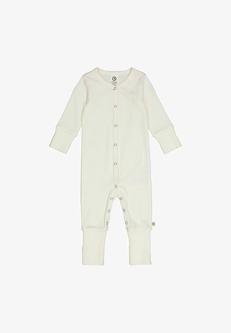 Tutina bianca in cotone con maniche lunghe, scollatura rotonda e chiusure a scatto sul davanti e lungo le gambe; polsini a costine.