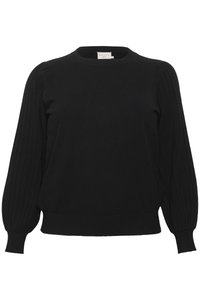 Pull en tricot noir avec un col rond, des manches ballon côtelées et un ourlet côtelé ajusté. Fabriqué en tissu doux avec une texture lisse.