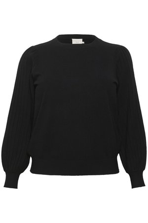 Pull en tricot noir avec un col rond, des manches ballon côtelées et un ourlet côtelé ajusté. Fabriqué en tissu doux avec une texture lisse.