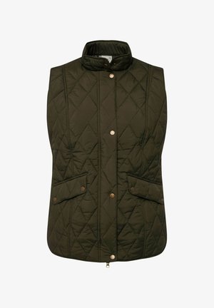 Veste sans manches matelassée en vert foncé avec un col haut, des boutons-pression dorés et deux poches avant. Texture lisse, design pratique.