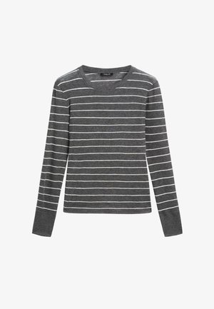 Graues Langarm-T-Shirt mit weißen horizontalen Streifen, Rundhalsausschnitt und weichem Material. Kein sichtbares Logo oder Verzierungen.
