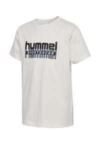 Witte katoenen T-shirt met korte mouwen. Bevat een gedurfde zwart-blauwe graphic met de tekst "hummel" en "SPORTSWEAR" aan de voorkant.