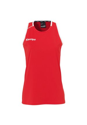 Rode mouwloze sporttanktop gemaakt van ademend materiaal. Kenmerkt witte accenten en het "Kempa"-logo op de voorkant. Ideaal voor sportieve activiteiten.