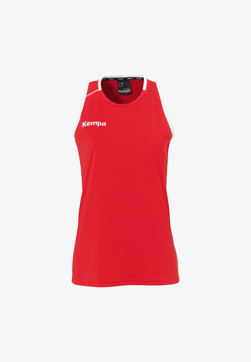 Red sleeveless sports tank top made from breathable fabric. Features white accents and "Kempa" logo on the front. Ideal for athletic activities.