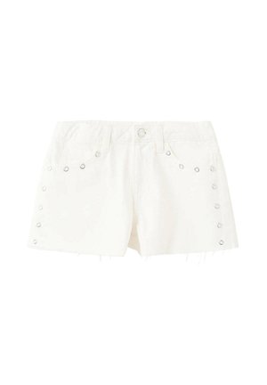 Weiße Jeansshorts mit Metallösen an den vorderen Taschen und an den Seiten, mit Knopf und Gürtelschlaufen an der Taille.