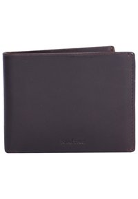 Brown leather wallet with a smooth texture, bi-fold design, and embossed "MAÎTRE" logo on the front. Compact and functional shape.