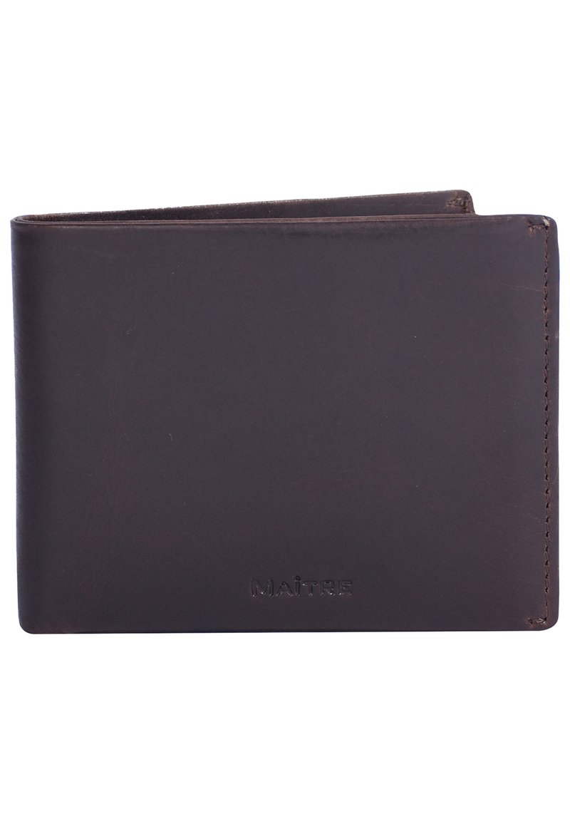Brown leather wallet with a smooth texture, bi-fold design, and embossed "MAÎTRE" logo on the front. Compact and functional shape.
