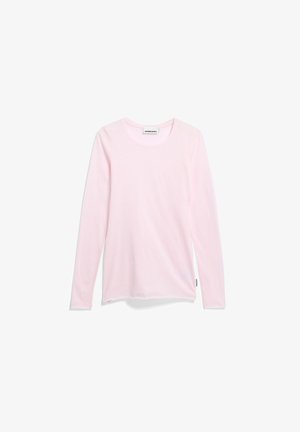 Hellrosa langärmliges Hemd aus weichem Stoff mit rundem Ausschnitt und legerer Passform. Einfaches Design ohne Muster oder Akzente.