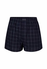 Boxers bleu marine avec un motif à carreaux bleu clair. Fabriqués en tissu doux, dotés d'une taille élastique et d'une fermeture à un bouton.