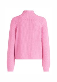 Roze geribde trui met een hoge kraag, lange mouwen en een cropped zoom. Gemaakt van een gestructureerde breimateriaal met een nauwsluitende pasvorm.