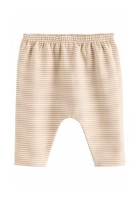Beige stribede babybukser lavet af blødt stof, med elastisk linning og cropped ben for let bevægelse.