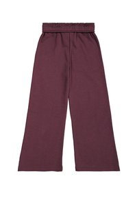 Pantalones de pierna ancha morados hechos de una tela suave, con cinturilla elástica y sin bolsillos ni herrajes visibles. Textura suave y diseño fluido.