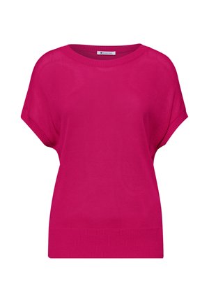 Jasně růžový pletený svetr s krátkým rukávem, kulatým výstřihem a žebrovaným lemem, zobrazený na jednobarevném bílém pozadí.